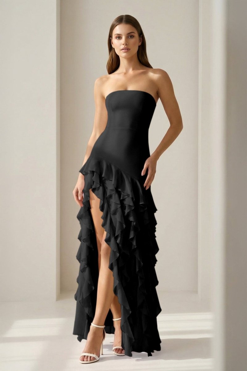 Feryn | Pink - Sheath Strapless Chiffon Long Prom Dresses With Ruffles - KissProm