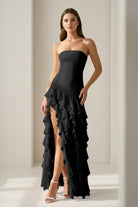 Feryn | Pink - Sheath Strapless Chiffon Long Prom Dresses With Ruffles - KissProm