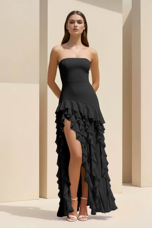 Feryn | Black - Sheath Strapless Chiffon Long Prom Dresses With Ruffles - KissProm