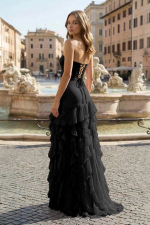 Black Sheath Strapless Chiffon Long Prom Dresses With Ruffles - KissProm