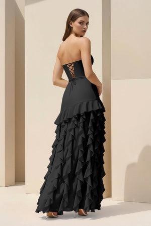 Feryn | Black - Sheath Strapless Chiffon Long Prom Dresses With Ruffles - KissProm