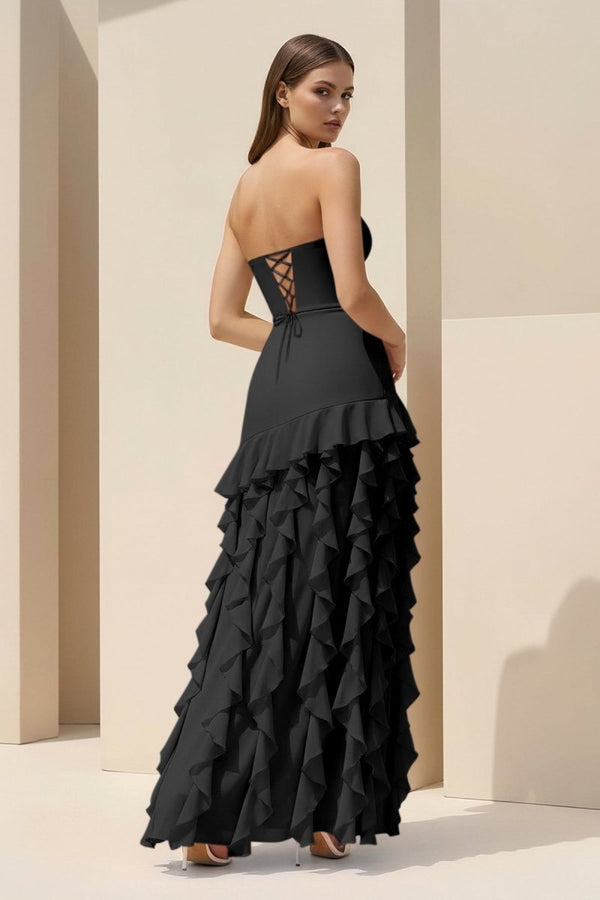 Feryn | Black - Sheath Strapless Chiffon Long Prom Dresses With Ruffles - KissProm