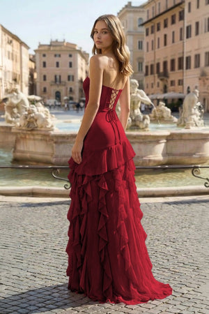 Burgundy Sheath Strapless Chiffon Long Prom Dresses With Ruffles - KissProm