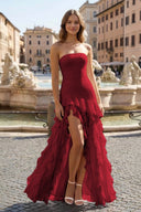 Pink Sheath Strapless Chiffon Long Prom Dresses With Ruffles – Prom Dresses by KissProm | Available at KissProm