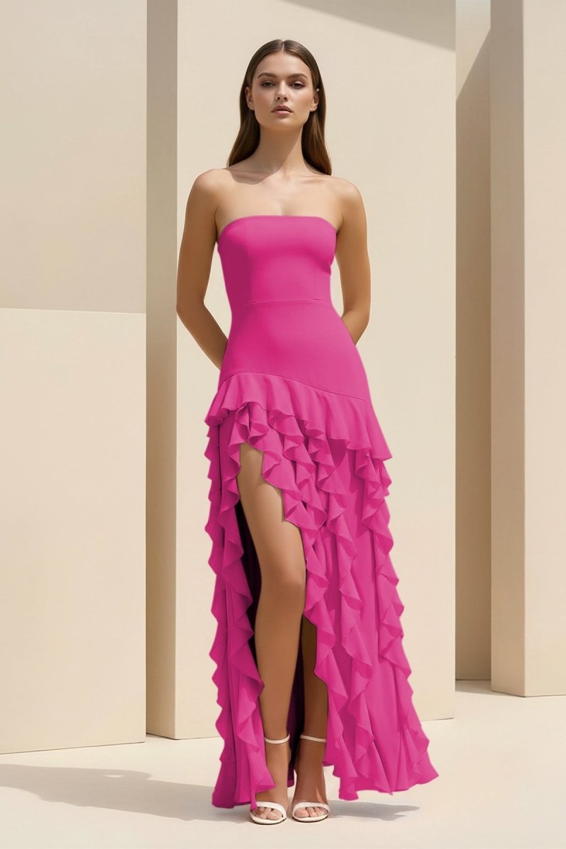 Feryn | Pink - Sheath Strapless Chiffon Long Prom Dresses With Ruffles - KissProm