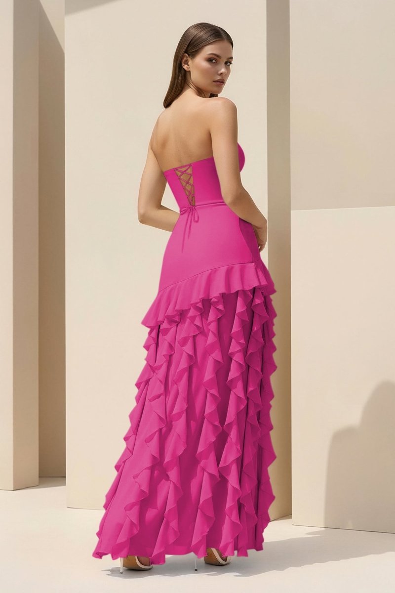 Feryn | Pink - Sheath Strapless Chiffon Long Prom Dresses With Ruffles - KissProm