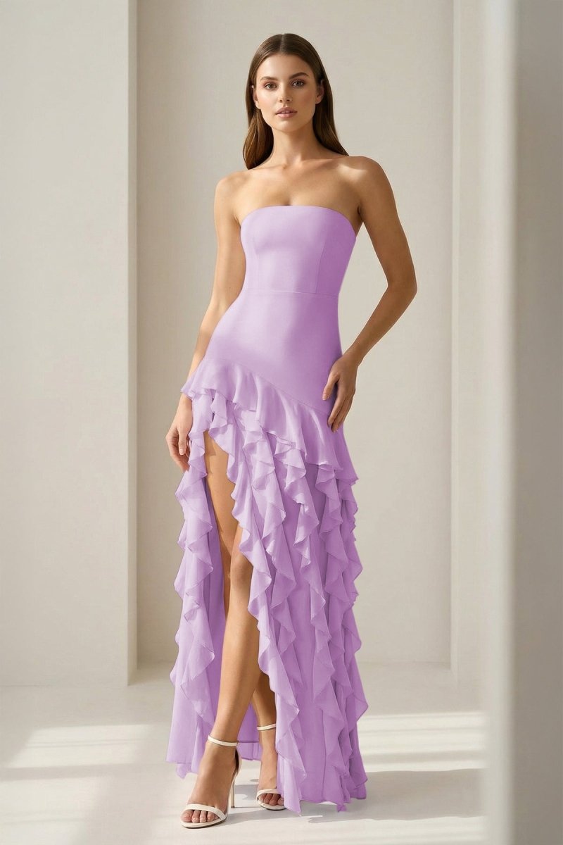 Feryn | Pink - Sheath Strapless Chiffon Long Prom Dresses With Ruffles - KissProm