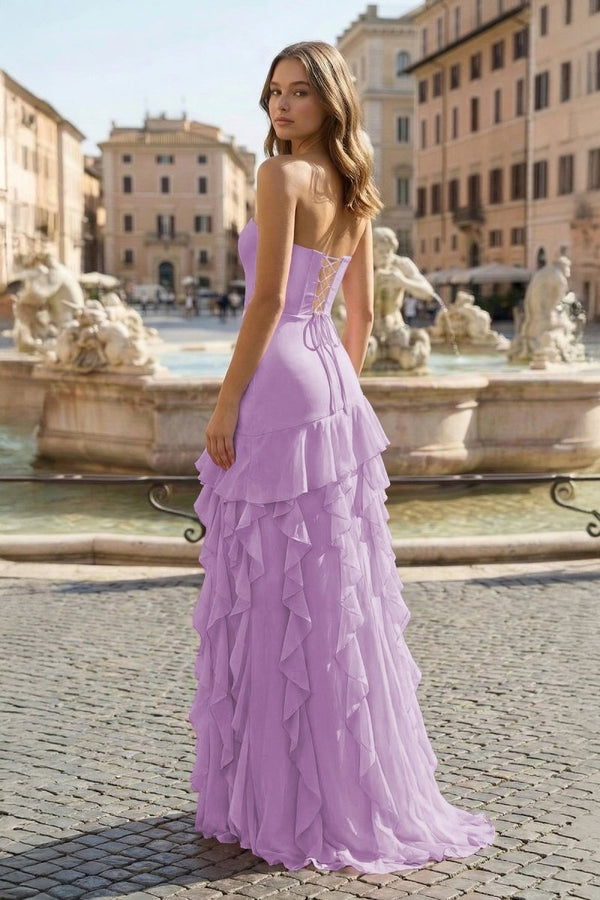 Lilac Sheath Strapless Chiffon Long Prom Dresses With Ruffles - KissProm