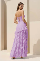Feryn | Pink - Sheath Strapless Chiffon Long Prom Dresses With Ruffles - KissProm