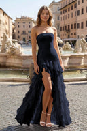 Pink Sheath Strapless Chiffon Long Prom Dresses With Ruffles – Prom Dresses by KissProm | Available at KissProm