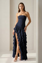 Feryn | Pink - Sheath Strapless Chiffon Long Prom Dresses With Ruffles - KissProm