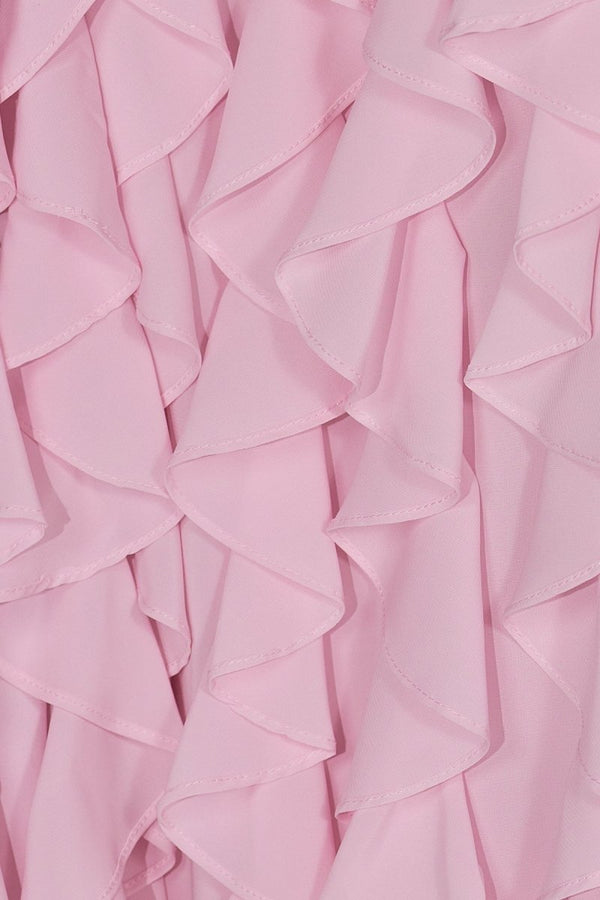 Pink Sheath Strapless Chiffon Long Prom Dresses With Ruffles - KissProm