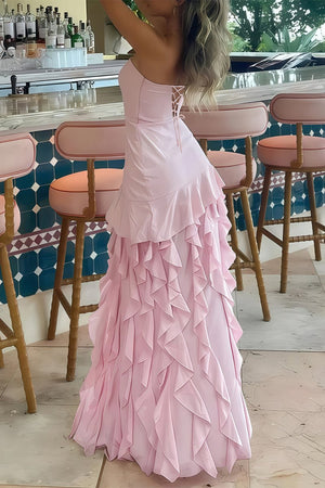 Feryn | Pink - Sheath Strapless Chiffon Long Prom Dresses With Ruffles - KissProm