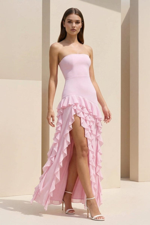 Feryn | Pink - Sheath Strapless Chiffon Long Prom Dresses With Ruffles - KissProm