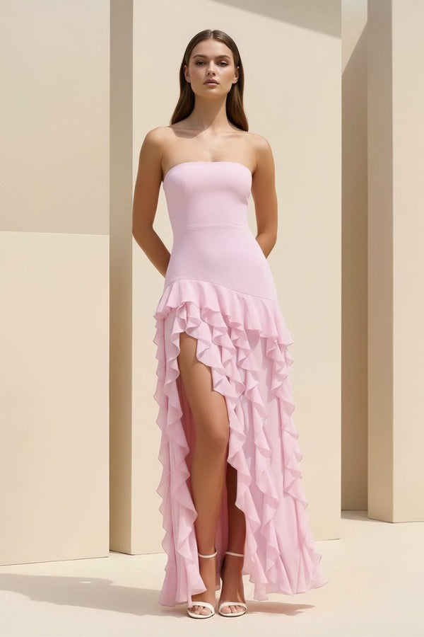 Feryn | Pink - Sheath Strapless Chiffon Long Prom Dresses With Ruffles - KissProm
