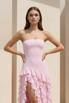 Feryn | Pink - Sheath Strapless Chiffon Long Prom Dresses With Ruffles - KissProm