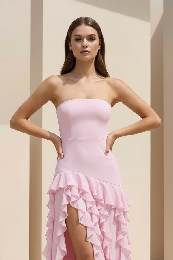 Feryn | Pink - Sheath Strapless Chiffon Long Prom Dresses With Ruffles - KissProm