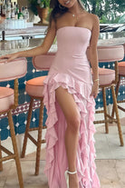 Feryn | Pink - Sheath Strapless Chiffon Long Prom Dresses With Ruffles - KissProm