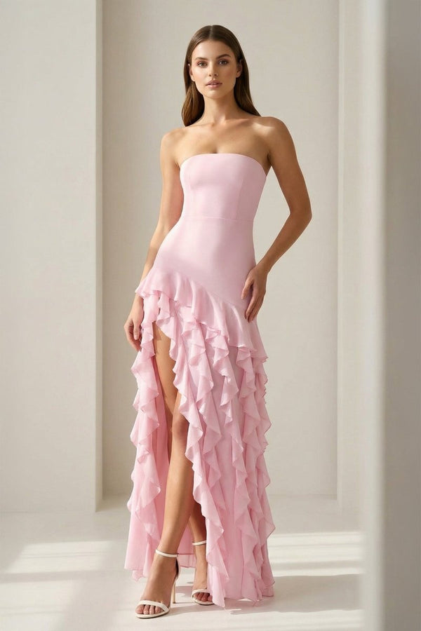 Feryn | Pink - Sheath Strapless Chiffon Long Prom Dresses With Ruffles - KissProm