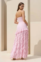 Feryn | Pink - Sheath Strapless Chiffon Long Prom Dresses With Ruffles - KissProm