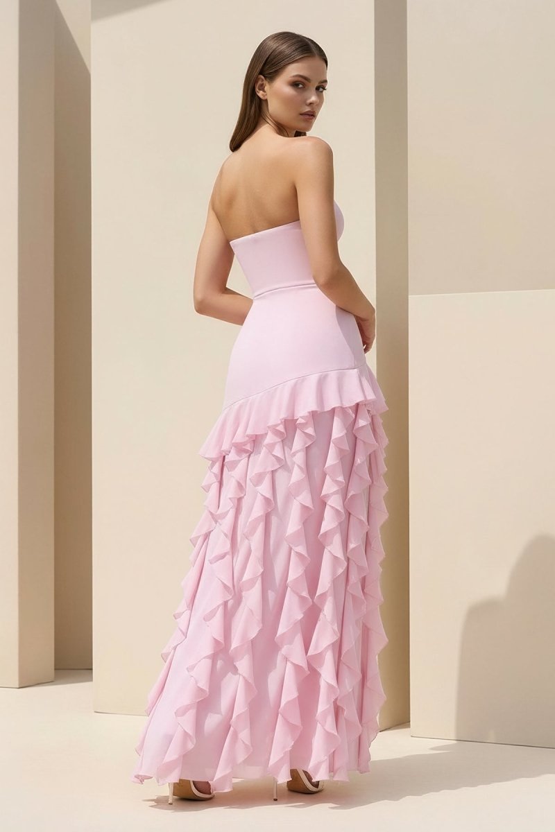 Feryn | Pink - Sheath Strapless Chiffon Long Prom Dresses With Ruffles - KissProm