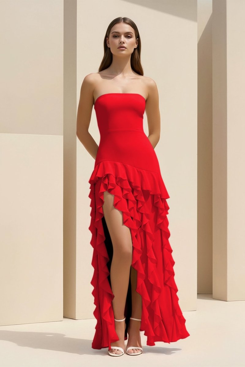 Feryn | Pink - Sheath Strapless Chiffon Long Prom Dresses With Ruffles - KissProm