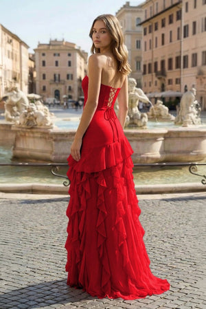 Red Sheath Strapless Chiffon Long Prom Dresses With Ruffles - KissProm