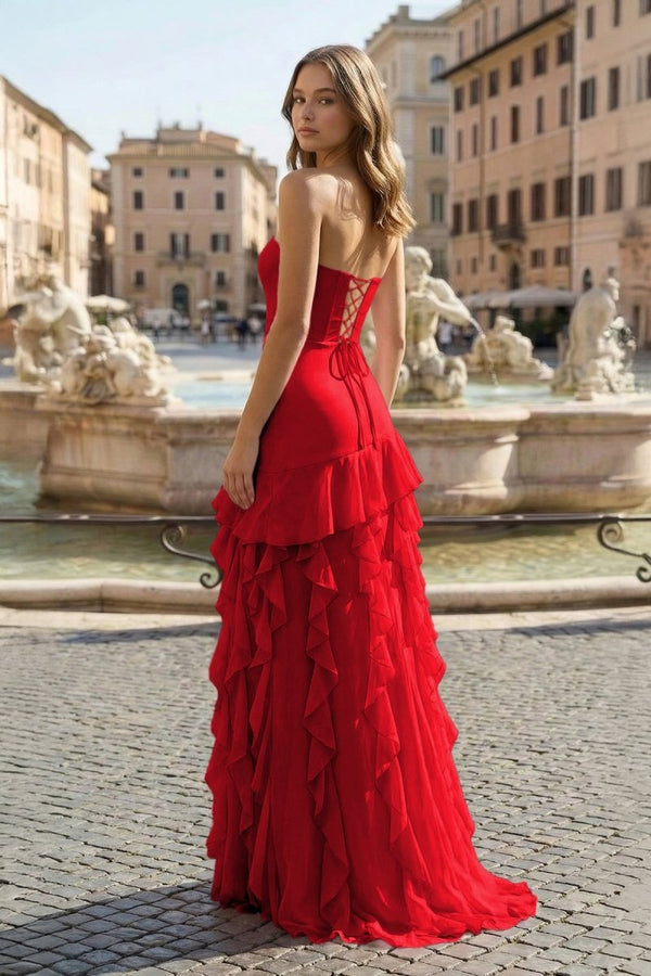 Red Sheath Strapless Chiffon Long Prom Dresses With Ruffles - KissProm