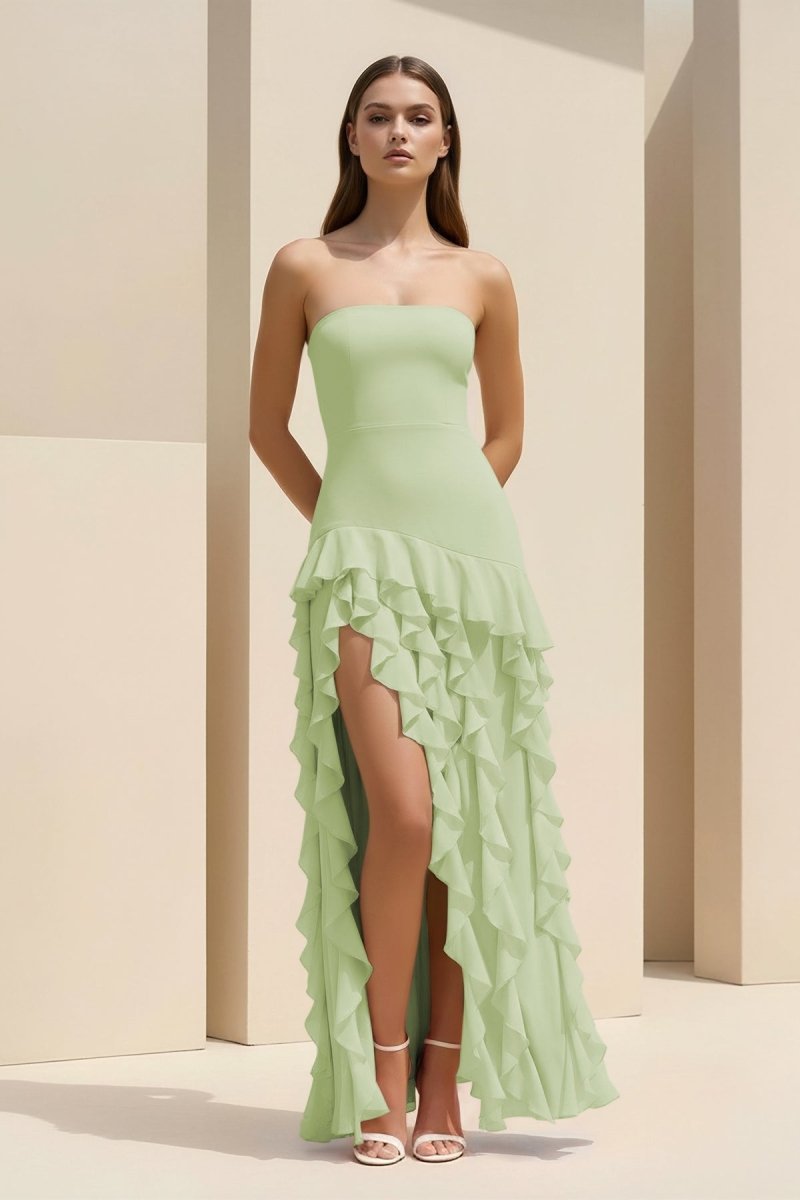 Feryn | Pink - Sheath Strapless Chiffon Long Prom Dresses With Ruffles - KissProm