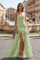 Pink Sheath Strapless Chiffon Long Prom Dresses With Ruffles – Prom Dresses by KissProm | Available at KissProm