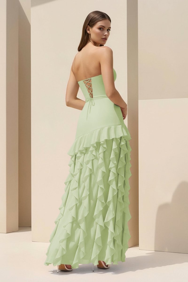 Feryn | Pink - Sheath Strapless Chiffon Long Prom Dresses With Ruffles - KissProm