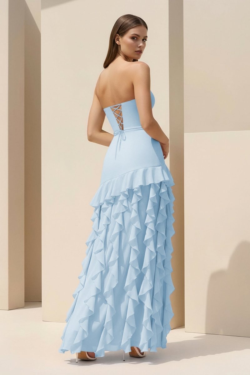 Feryn | Pink - Sheath Strapless Chiffon Long Prom Dresses With Ruffles - KissProm