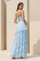 Feryn | Pink - Sheath Strapless Chiffon Long Prom Dresses With Ruffles - KissProm