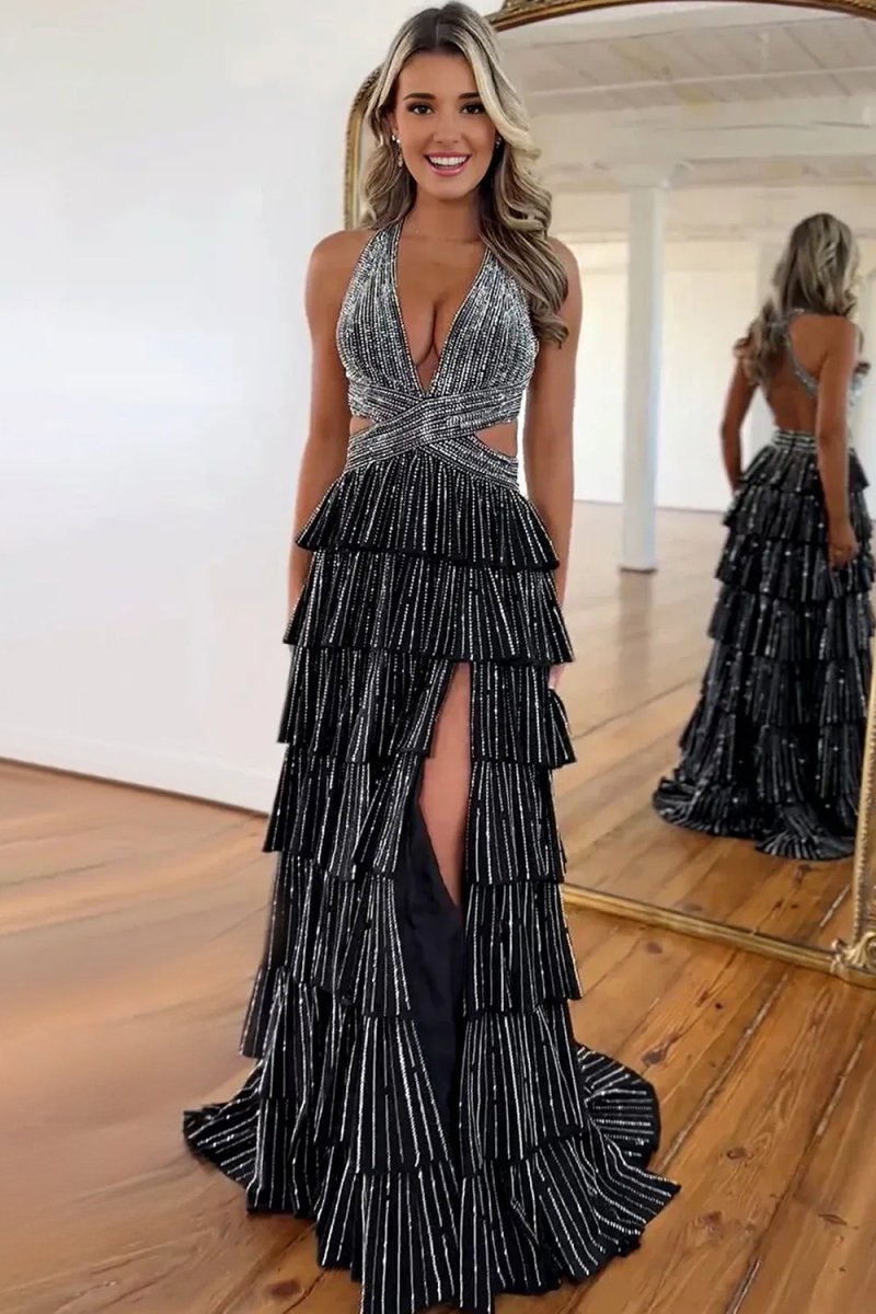 KissProm-Feyla Black A Line V Neck Satin Beaded Long Prom Dresses With Ruffles
