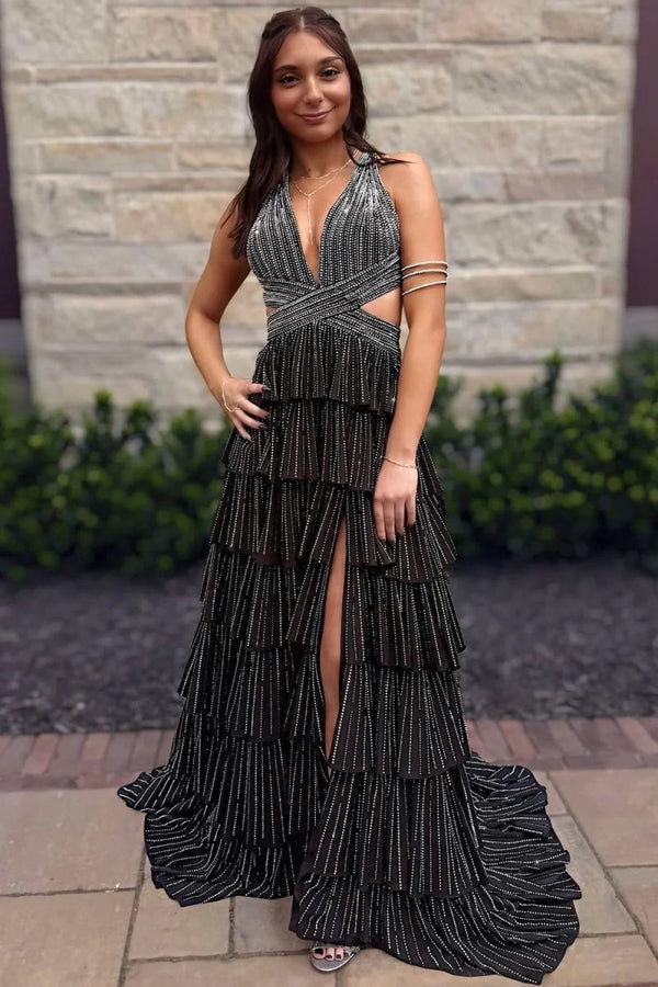 Black - A-Line Halter Satin Beaded Long Prom Dresses With Ruffles – Prom Dresses by KissProm | Available at KissProm