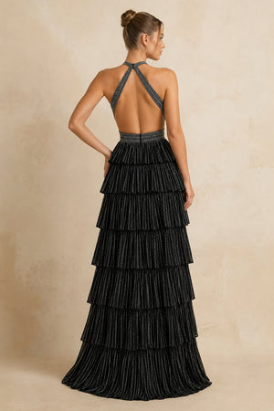 Black - A-Line Halter Satin Beaded Long Prom Dresses With Ruffles – Prom Dresses by KissProm | Available at KissProm