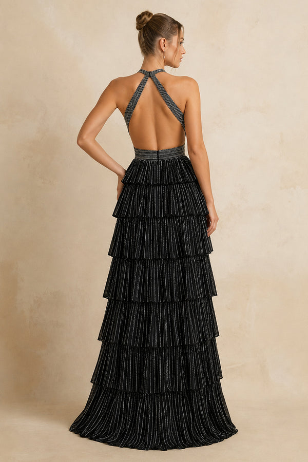 Black - A-Line Halter Satin Beaded Long Prom Dresses With Ruffles – Prom Dresses by KissProm | Available at KissProm