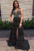 KissProm-Feyla Black A Line V Neck Satin Beaded Long Prom Dresses With Ruffles