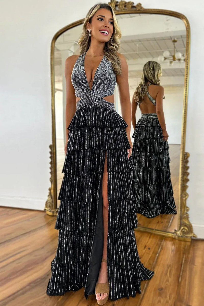 KissProm-Feyla Black A Line V Neck Satin Beaded Long Prom Dresses With Ruffles