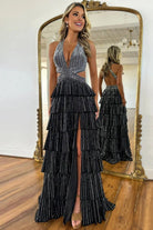 KissProm-Feyla Black A Line V Neck Satin Beaded Long Prom Dresses With Ruffles