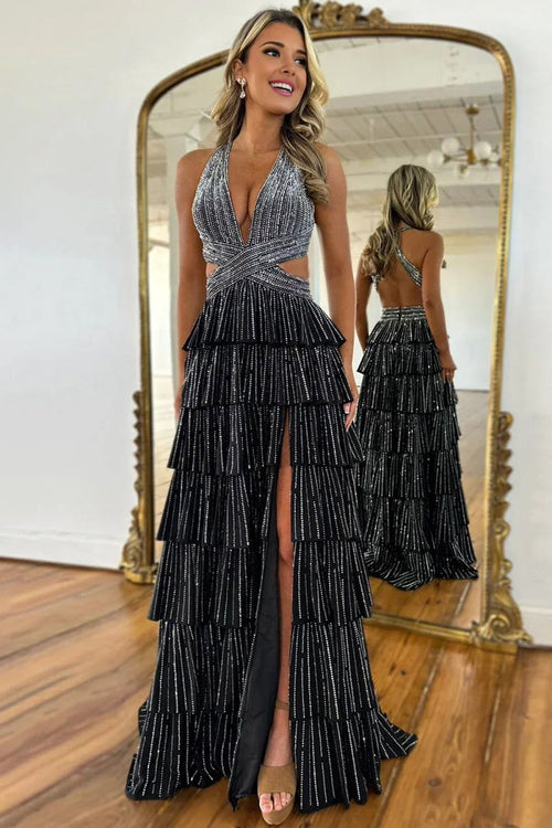 KissProm-Feyla Black A Line V Neck Satin Beaded Long Prom Dresses With Ruffles