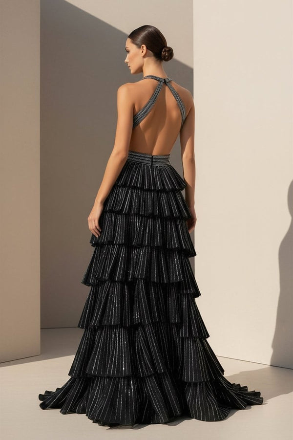 KissProm-Feyla Black A Line V Neck Satin Beaded Long Prom Dresses With Ruffles