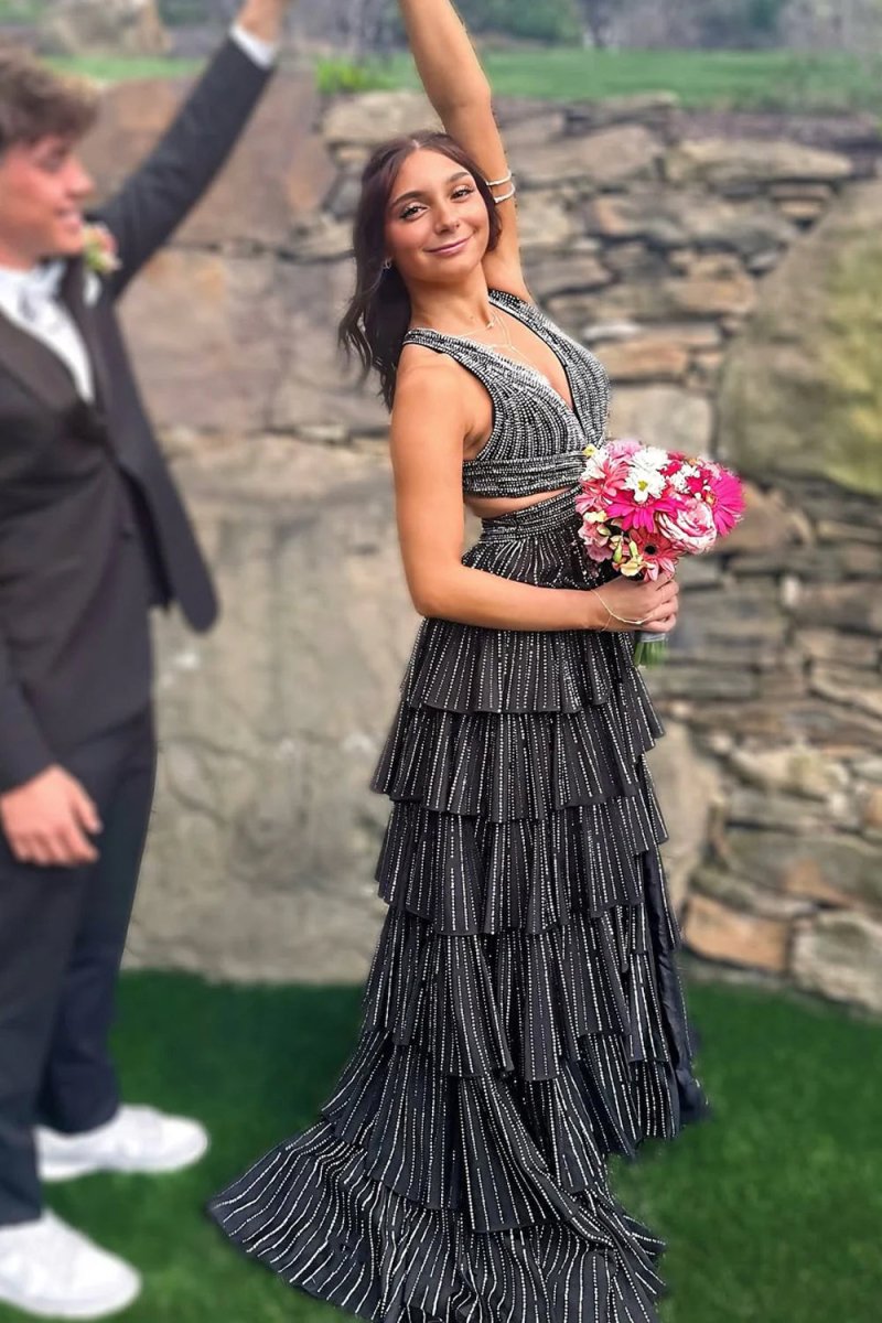 KissProm-Feyla Black A Line V Neck Satin Beaded Long Prom Dresses With Ruffles