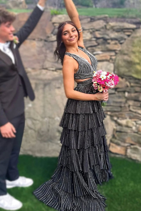 KissProm-Feyla Black A Line V Neck Satin Beaded Long Prom Dresses With Ruffles