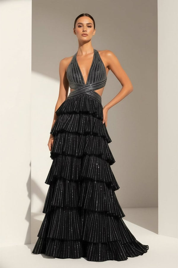 Black - A-Line Halter Satin Beaded Long Prom Dresses With Ruffles – Prom Dresses by KissProm | Available at KissProm