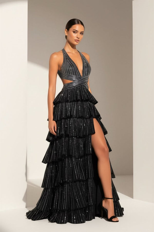 KissProm-Feyla Black A Line V Neck Satin Beaded Long Prom Dresses With Ruffles