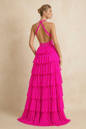 Hot Pink A-Line Halter Satin Beaded Long Prom Dresses With Ruffles - KissProm