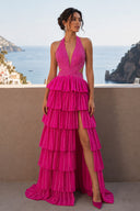 Hot Pink A-Line Halter Satin Beaded Long Prom Dresses With Ruffles - KissProm
