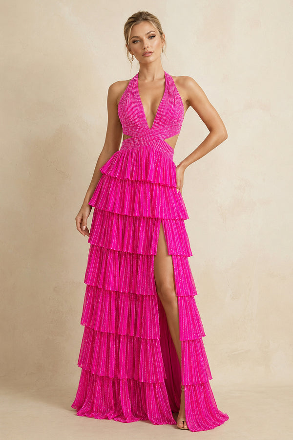 Hot Pink A-Line Halter Satin Beaded Long Prom Dresses With Ruffles - KissProm