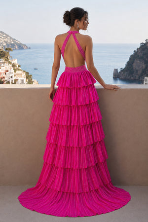 Hot Pink A-Line Halter Satin Beaded Long Prom Dresses With Ruffles - KissProm